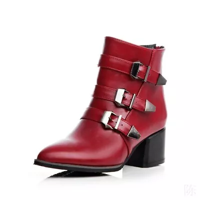 Womens Buckle Cuban Heels Pointy Toe Ankle Boots Motorcycle Back Zip Shoes 34-48 • $41.49