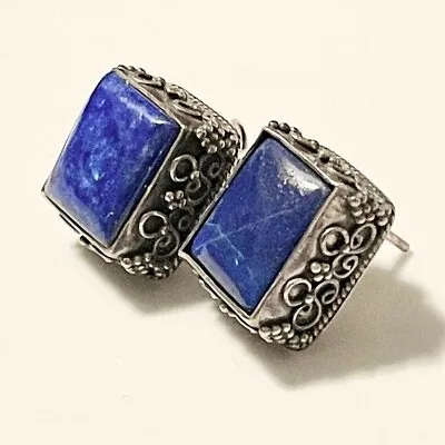Vintage Blue Lapis Lazuli .925 Sterling Silver Filigree Setting Stud Earrings • $68.25