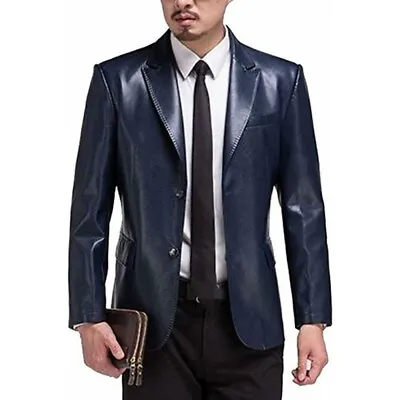 Men's Genuine Lambskin Leather Blazer Celebrity Style Smart Casual Coat Blue • $132.99