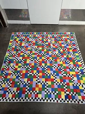 Vintage Handmade  Multi Colored Square Blocked Patchwork Quilt 64  X 58  • $150