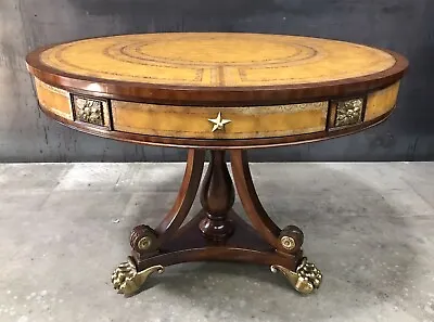 Vtg. Maitland-Smith 40  Mahogany Drum Table Tooled Leather Top & Brass Mounts • $2750