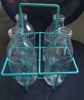 4 Vintage Embossed Glass Milk Bottles With Retro Green Basket • $60