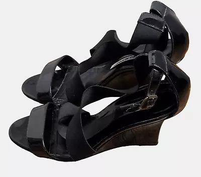 Manolo Blahnik Patent Leather Crisscross Strappy Wedge Sandals 37.5 Designer • $79.99