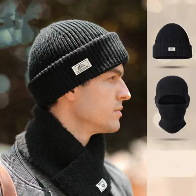 Black Men's Beanie Hat Winter Warm Thick Thermal Knit 2 In 1 Adjustable Ski Cap • $16.14