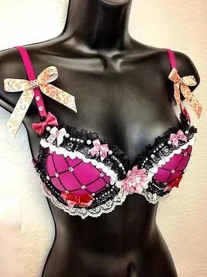 NWT Hot Pink Lace Rhinestone Push Up Bra Fishnet Ribbon Bows Dancer 32B Rave EDC • $42