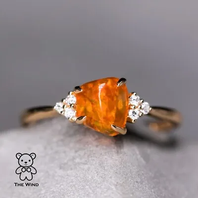 Three Diamond Mexican Fire Opal Engagement Wedding Ring 18K Yellow Gold • £647.24