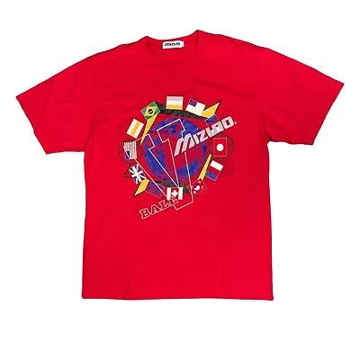 Vintage 90s Mizuno Volleyball Sports World Flags Logo Red T Shirt Mens XL • $26.71