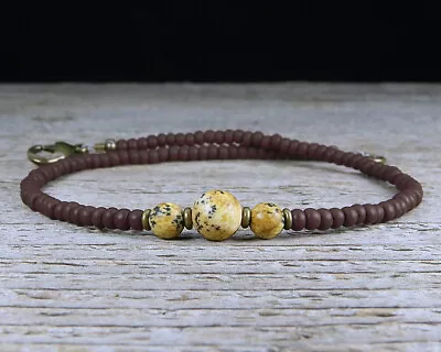 Thin Jasper Stone Ankle Bracelet Matte Brown Glass Beads Unisex Or Mens Anklet • $16.72