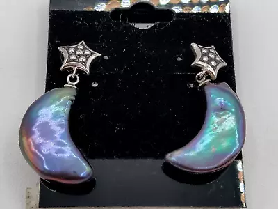 Iridescent Moon And Stars 925 Post Earrings Purple Green • $18