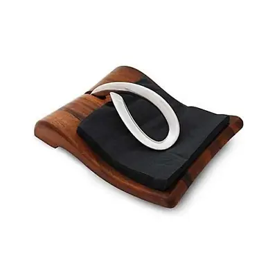 Nambe Breeze Napkin Holder With Acacia Wood Base 9 L X 7.5”W X 3”H - Natural • $90