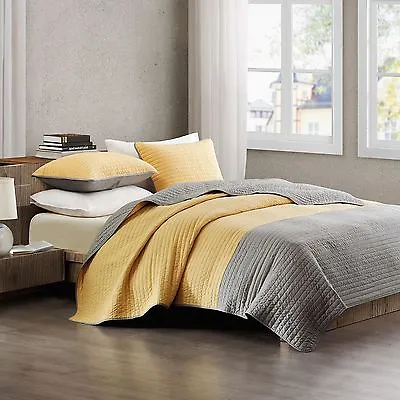 Echodesign 3-Piece Solid Reversible Coverlet Set Grey/Mustard (Full/Queen) • $49.99