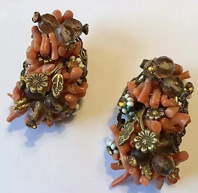 Vintage Miriam Haskell Signed Coral And Rhinestone Earrings • £139.84