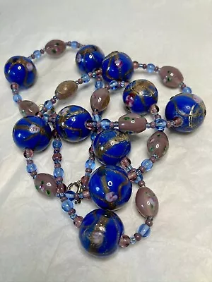 Vintage Venetian Murano Millefiori Glass Bead Necklace Blue Pink  • £23