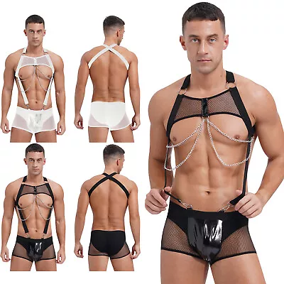 Mens Leotard One Piece Bodysuit Chained Underwear Gay Trunks Suspender Strap • £5.99