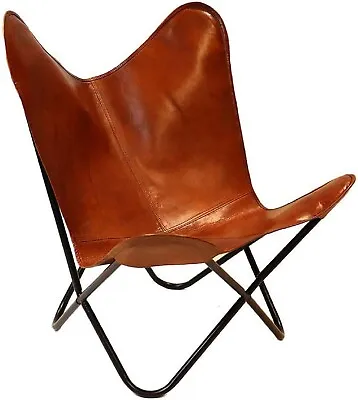 Genuine Leather Butterfly Chair Brown Handmade Arm Room Real With Iron Frame • $237.50