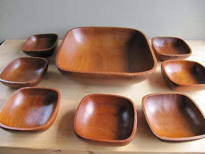 Vintage Carved Teak Wood Salad Serving Set Big Bowl Servers 7 Small Bowls  • £39.20