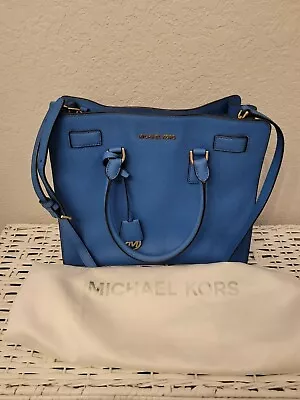 Michale Kors Large Saffiano Leather Satchel Blue W/gold Trim Bag/purse Euc • $99.99