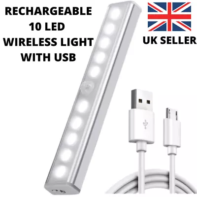 Wireless LED PIR Motion Sensor Light Strip Cabinet Lamp Closet USB Rechargeable • £8.99