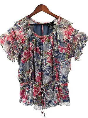 MM Couture By Miss Me 100% Silk Peasant Blouse Flutter Sleeve Tie Waist Womens M • $10