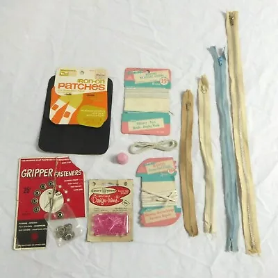 Vintage Sewing Lot Metal Zippers Elastics Iron On Patches Fasteners Thimble Pix • $9