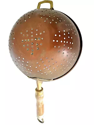 Vintage Copper/Brass Wood Long Handled Colander Hanging Hook Nice! • $37