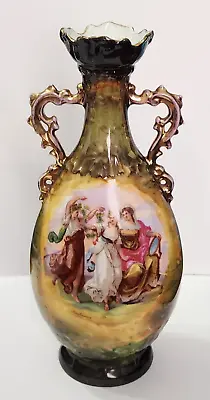 Antique Victoria Carlsbad AUSTRIA Kaufmann Scene Handled Vase Green Ornate Gilt • $45