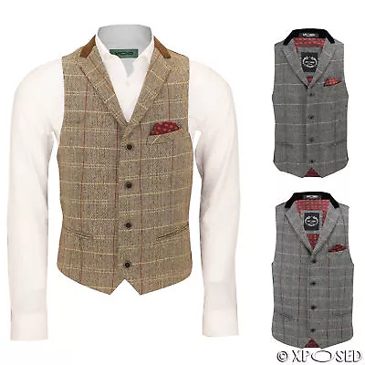 Mens Vintage Tweed Check Herringbone Velvet Collar Tailored Fit Retro Waistcoat • £39.99