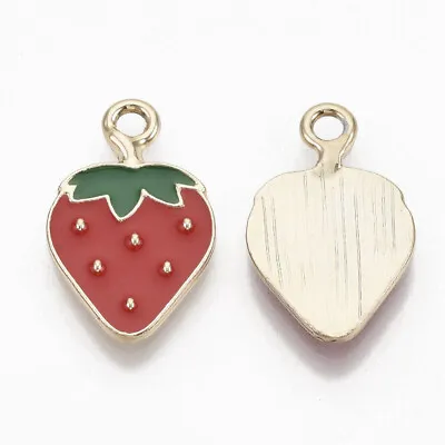 £3.95 • Buy 10 Bright Summer Strawberry Shaped Gold Plated Charm Pendants With Enamel Detail