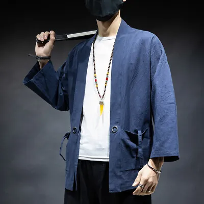 Cardigan Yukata Linen Cotton Top Jacket Outdress Coat Shirt Men Japanese Kimono • £24.56