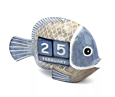 £10.99 • Buy Fish Perpetual Calendar, Shabby Chic In Blues, Wooden Handmade, Fish Lover Gift,