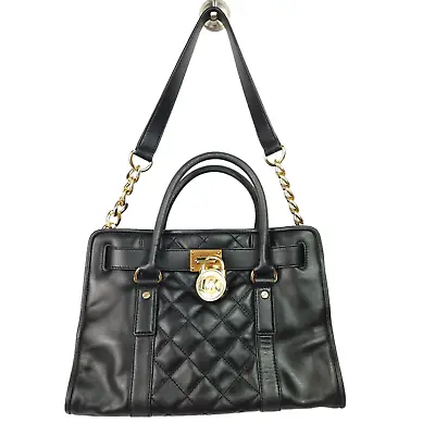 Michael Kors Hamilton Quilted Satchel Handbag Purse Black Leather Medium EW • $45.88