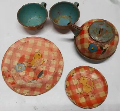 Vintage Ohio Art Tin Litho Tea Set Humpty Dumpty Cups Teapot Plate (Ofc) • $16