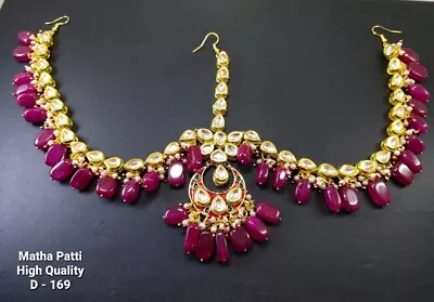 Gold Tone Ethnic Matha Patti Kundan Traditional Head Piece Jewelry Pink Beads • $51.71