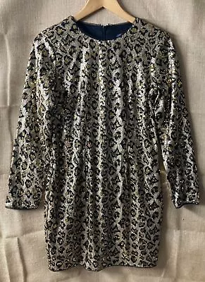 Aidan Mattox Dress Womens Size 6 S Cheetah Long Sleeve Mini Brown Gold Sequin • $88.99