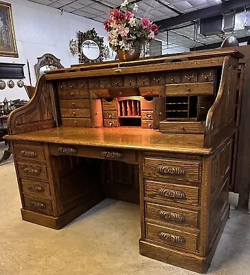 Vintage Beautiful American 66  Oak Crest S Curved Golden Oak Roll Top Desk • $4250