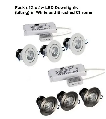 Pack Of  3 - 5W  Downlights With LED Driver | Colours - White Or Brushed Chrome • £13.98