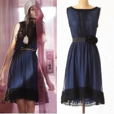 Anthropologie Moulinette Soeurs Navy Blue Black Ruffle Lace Sleeveless Dress • $34.98