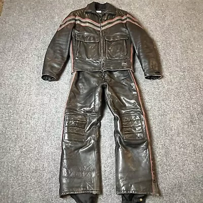Polaris Snowmobile Suit Mens Medium Leather Jacket Bibs Black Full Zip Vintage • $182.40
