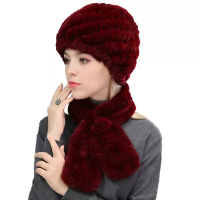 Winter Fur Hat And Scarf Sets Women Real Rex Rabbit Beanies Cap Warm Fluffy Soft • $27.19