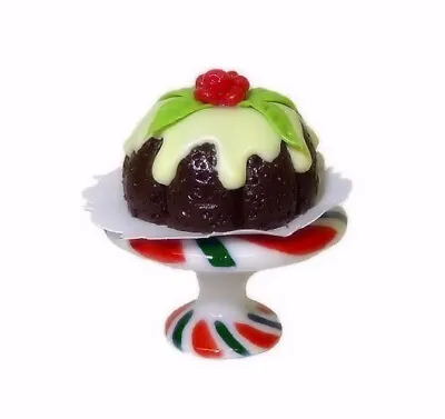 Dollhouse Christmas Plum Pudding Cake On Peppermint Swirl Cake Stand Miniature • $15.95