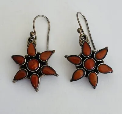 Vintage Southwestern Coral Sterling Silver Flower Dangle Earrings • $49.99
