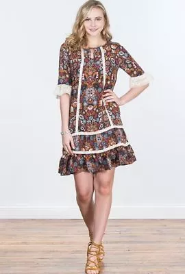 Matilda Jane Intermission Dress Women’s Large L Make Believe Lace Trim Brown NEW • £48.18