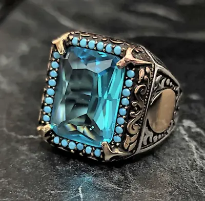 Men Silver Aquamarine Stone Ring  Sky Blue Aquamarine Gemstone Ring  Vintage • $61