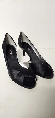 Nina NY Black Satin Peep Toe Pumps Women's Size 9 Prom Wedding High Heels Shoes • $19.99