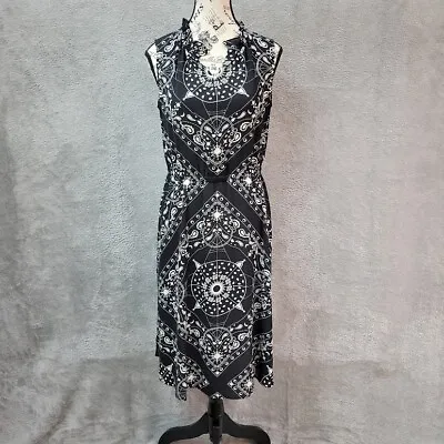 Talbots Midi Dress Women PS Black White Ruffle Neck Celestial Bandana Pattern • $18.95