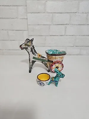 Vtg Lot Donkey Pulling Cart Majolica Jardinière Planter Italy Numbered Signed  • $44.99