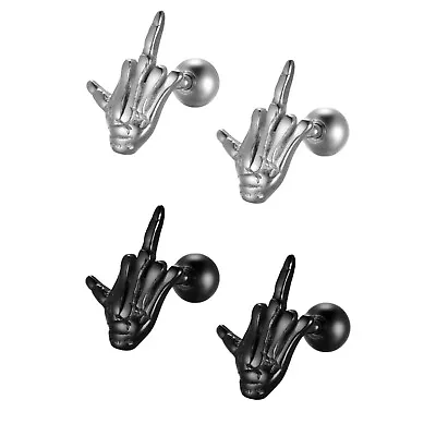 2 Pairs Mens Womens Gothic Stainless Steel Middle Finger Punk Ear Stud Earrings • $9.49