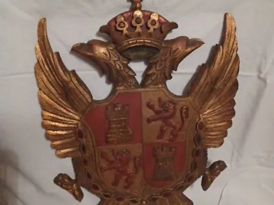 Coat Of Arms Carved Wood Wall Hanging  Eagles Heads Mid Century 16  L X 12 W • $150