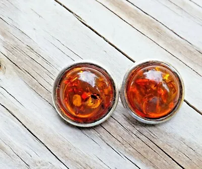 Sterling Silver 925 Baltic Amber Designer Round Dot Vintage Clip On Earrings • $45