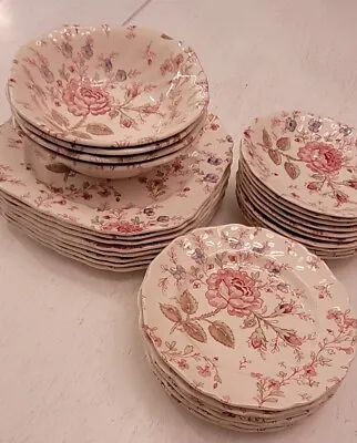 Set Of 30 Vintage Johnson Brothers ROSE CHINTZ Plates & Bowls-  Pink Stamp • $85